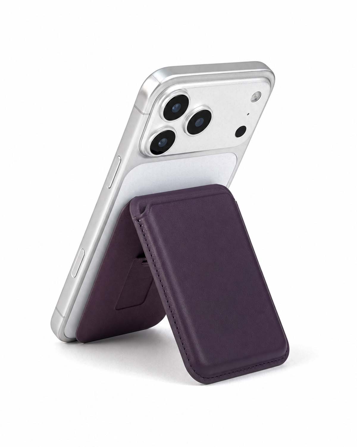 Dark cherry iPhone MagSafe wallet in stand mode