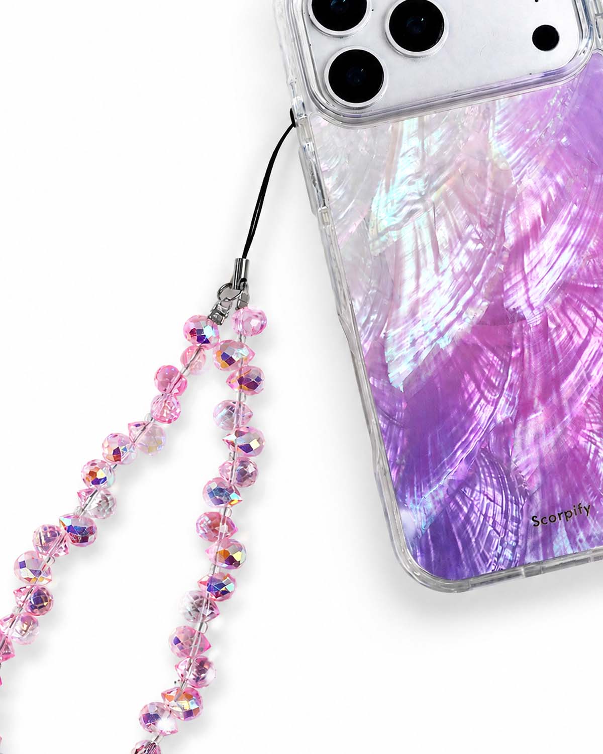Beaded phone charm featuring soft pink teardrop beads