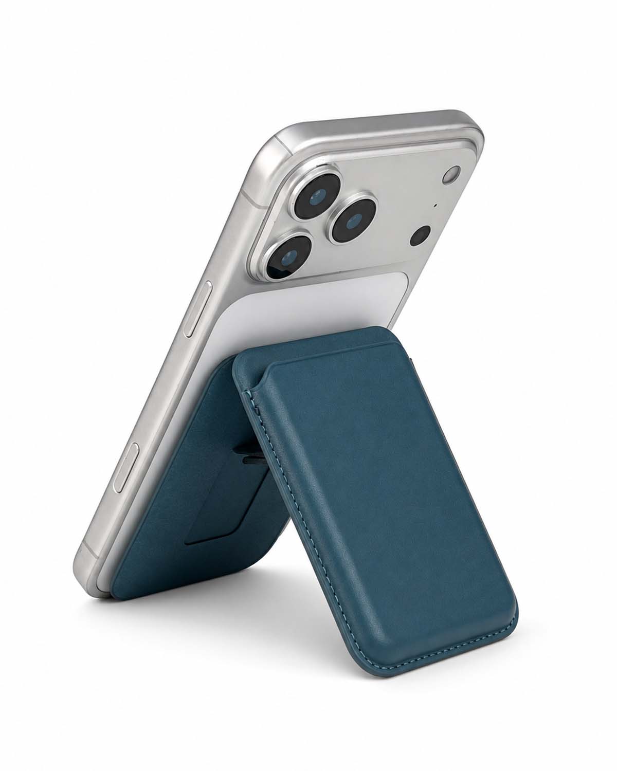 Storm blue iPhone MagSafe wallet in stand mode