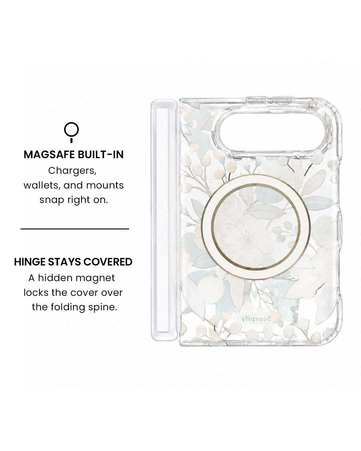 MagSafe ring and hidden hinge magnet view of White hibiscus and pink rose floral wreath print iPhone Duo case