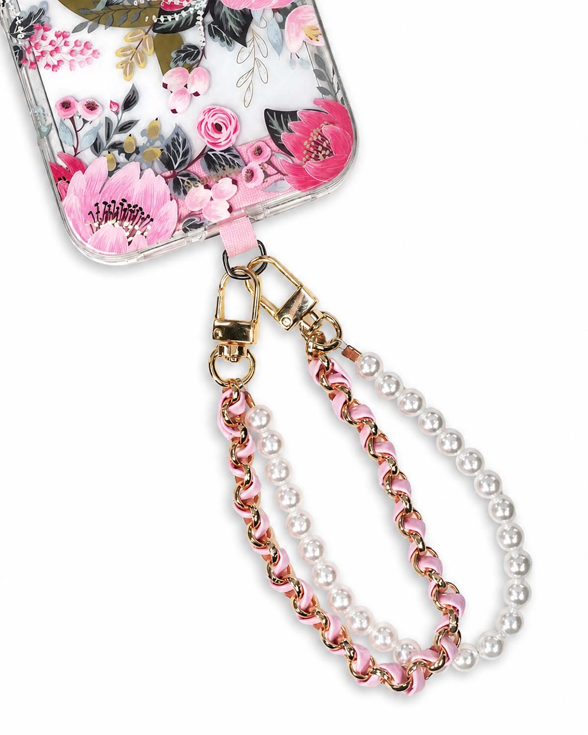 Cute phone charms with pink pearl chain design