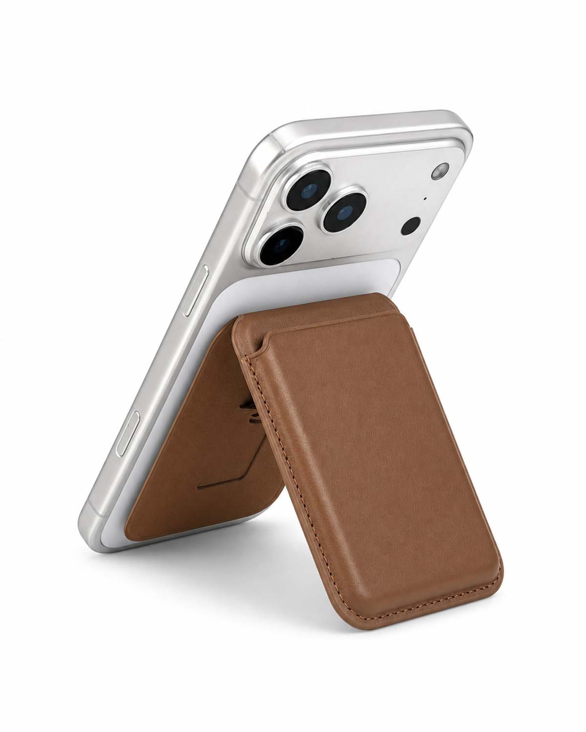 Classic brown iPhone MagSafe wallet in stand mode