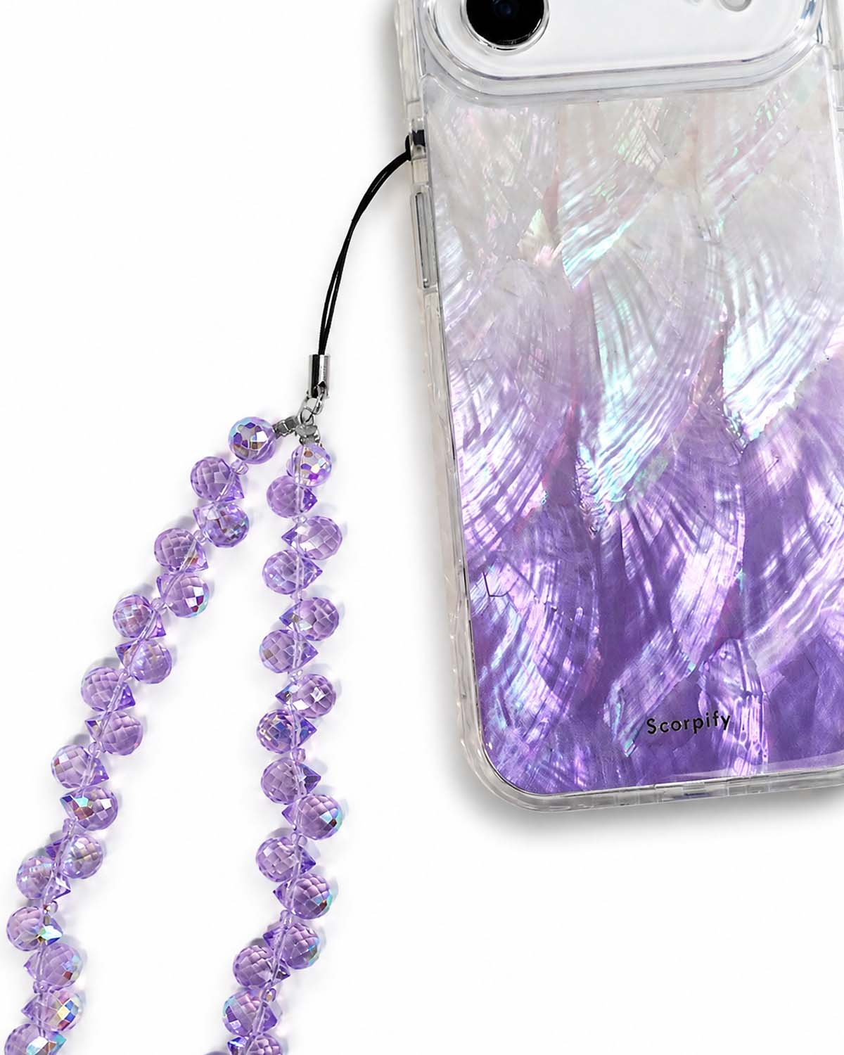 Beaded phone charm featuring purple teardrop beads