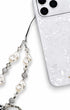 Beaded phone charm featuring pearls and bow accents