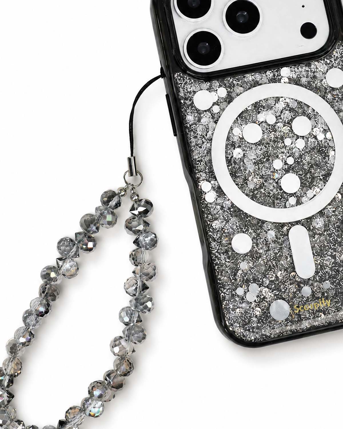 Beaded phone charm featuring midnight teardrop details