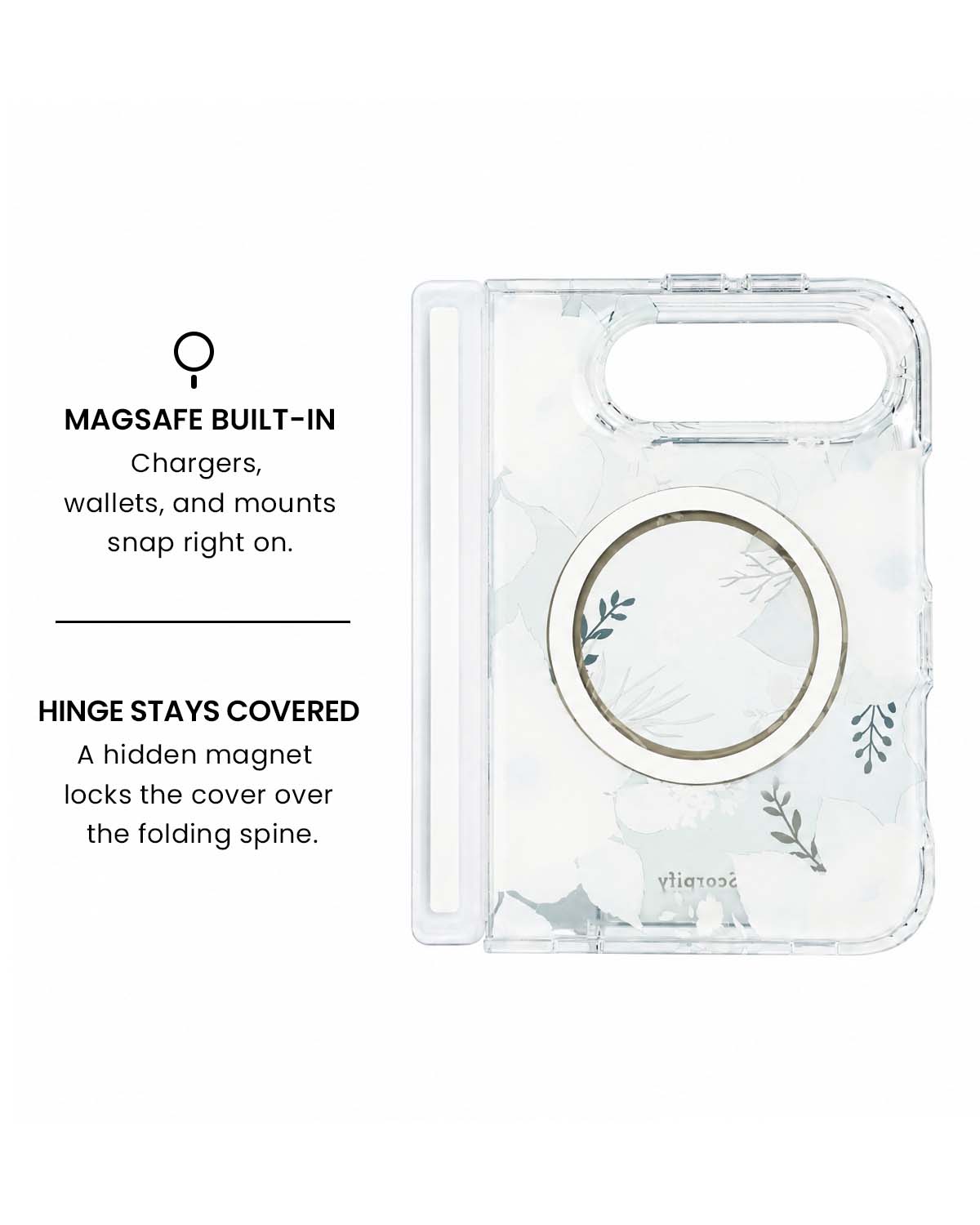 MagSafe ring and hidden hinge magnet view of White rose floral print iPhone Duo case
