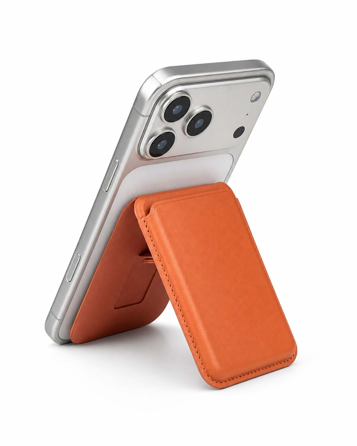 Cosmic orange iPhone MagSafe wallet in stand mode	
