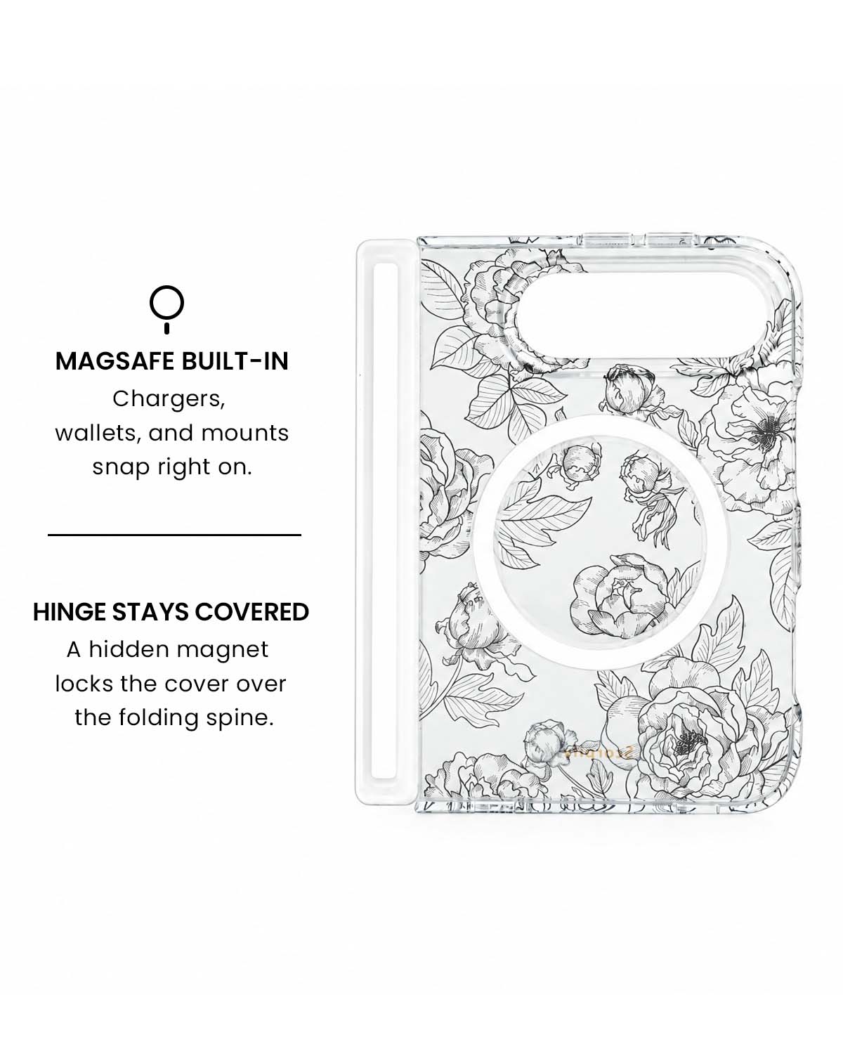 MagSafe ring and hidden hinge magnet view of Black line art floral print iPhone Duo case