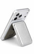 Metallic silver iPhone MagSafe wallet in stand mode