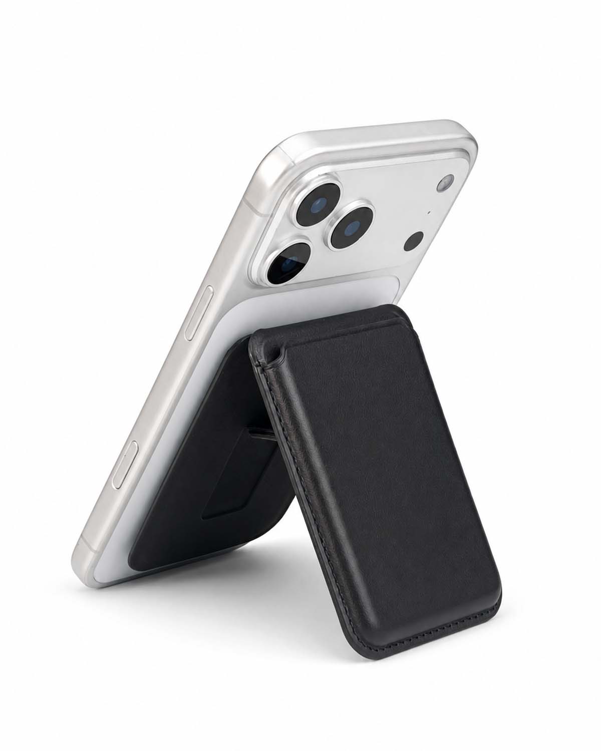 Classic black iPhone MagSafe wallet in stand mode