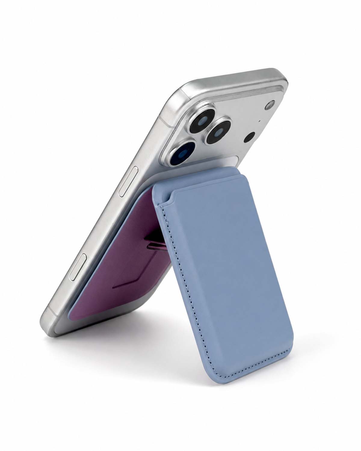 Blue lavender iPhone MagSafe wallet in stand mode
