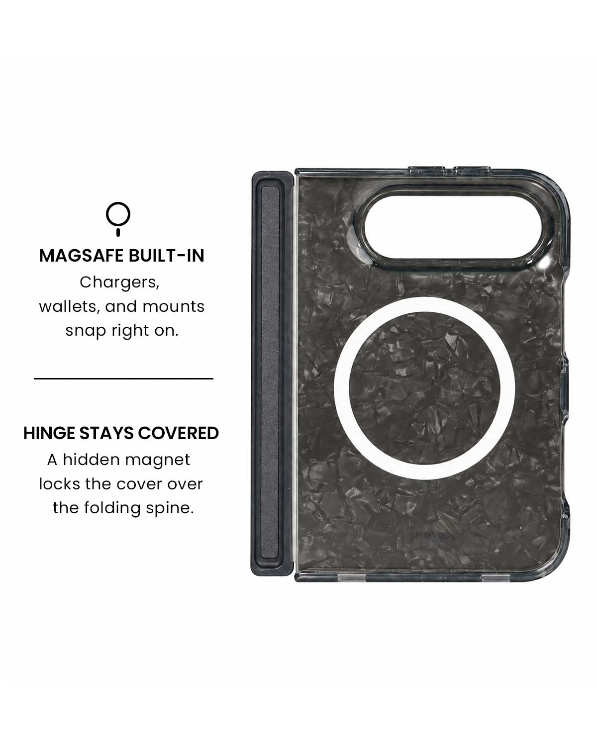 MagSafe ring and hidden hinge magnet view of Black mother-of-pearl shell print iPhone Duo case