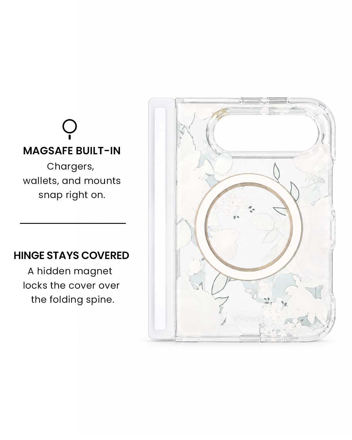 MagSafe ring and hidden hinge magnet view of Pink peony floral print iPhone Duo case