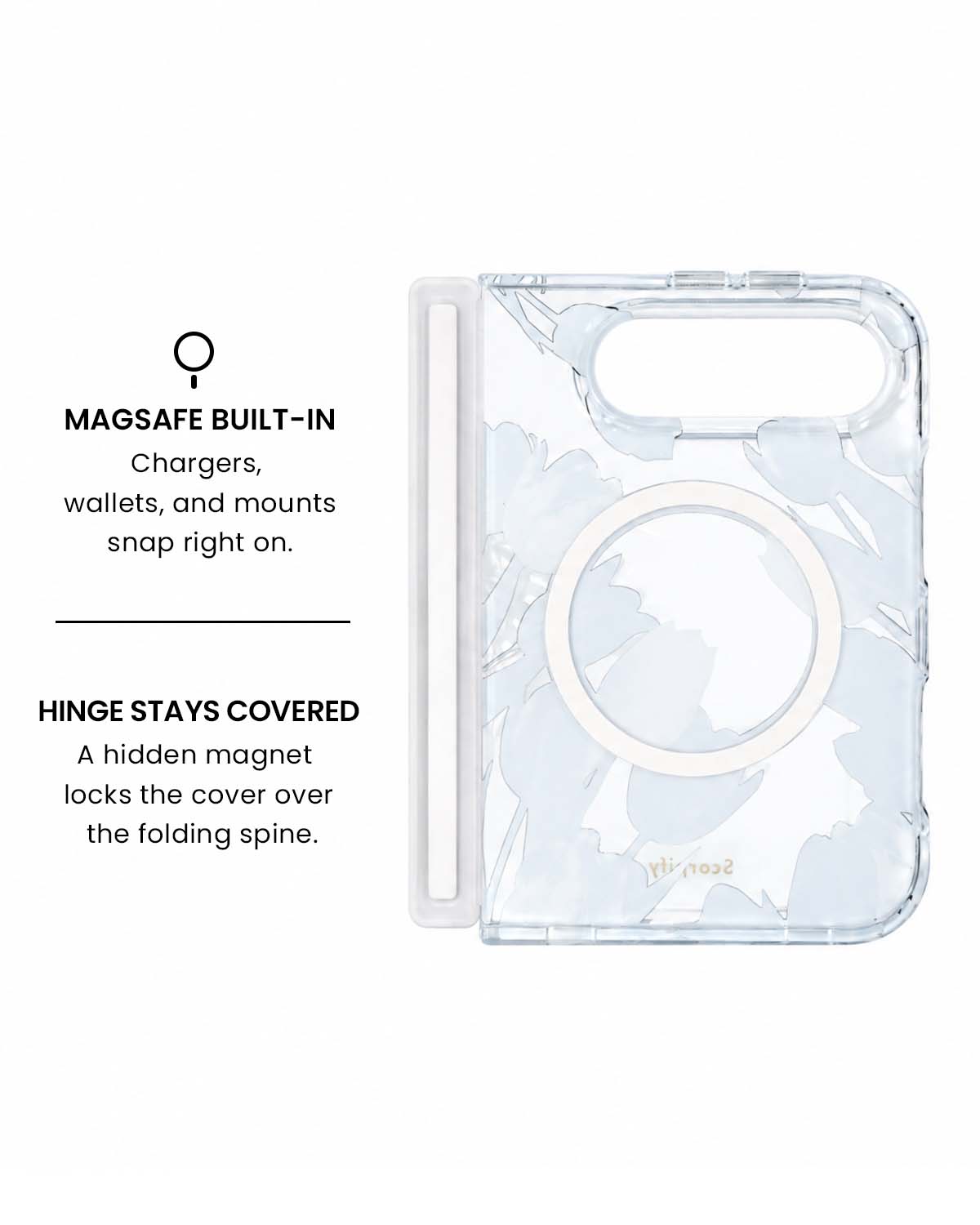 MagSafe ring and hidden hinge magnet view of Black tulip floral print iPhone Duo case