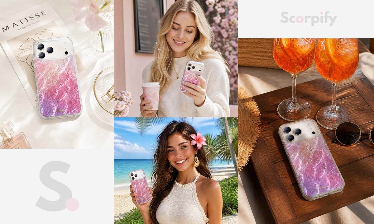 Pink mother of pearl iphone case lifestyle collage