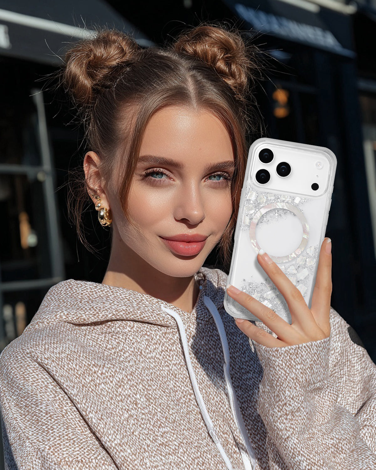 Magnetic iPhone case with gentle pearl-inspired shine