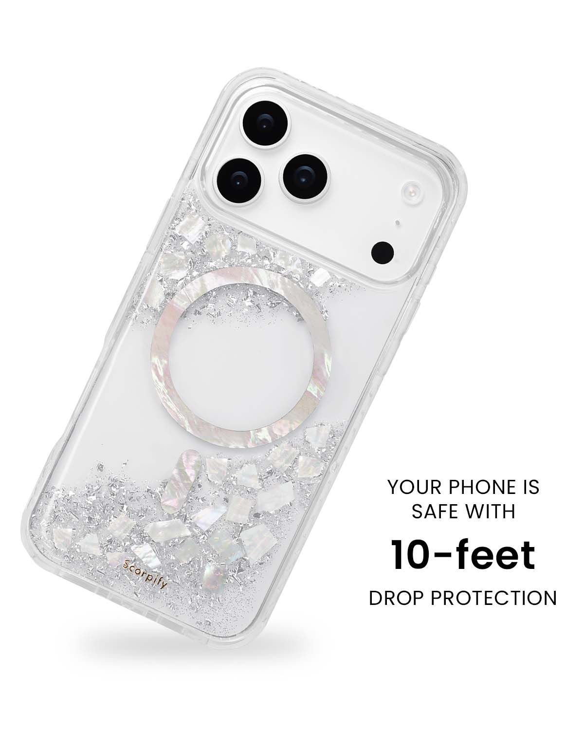 Glitter phone cover showing 10ft drop protection