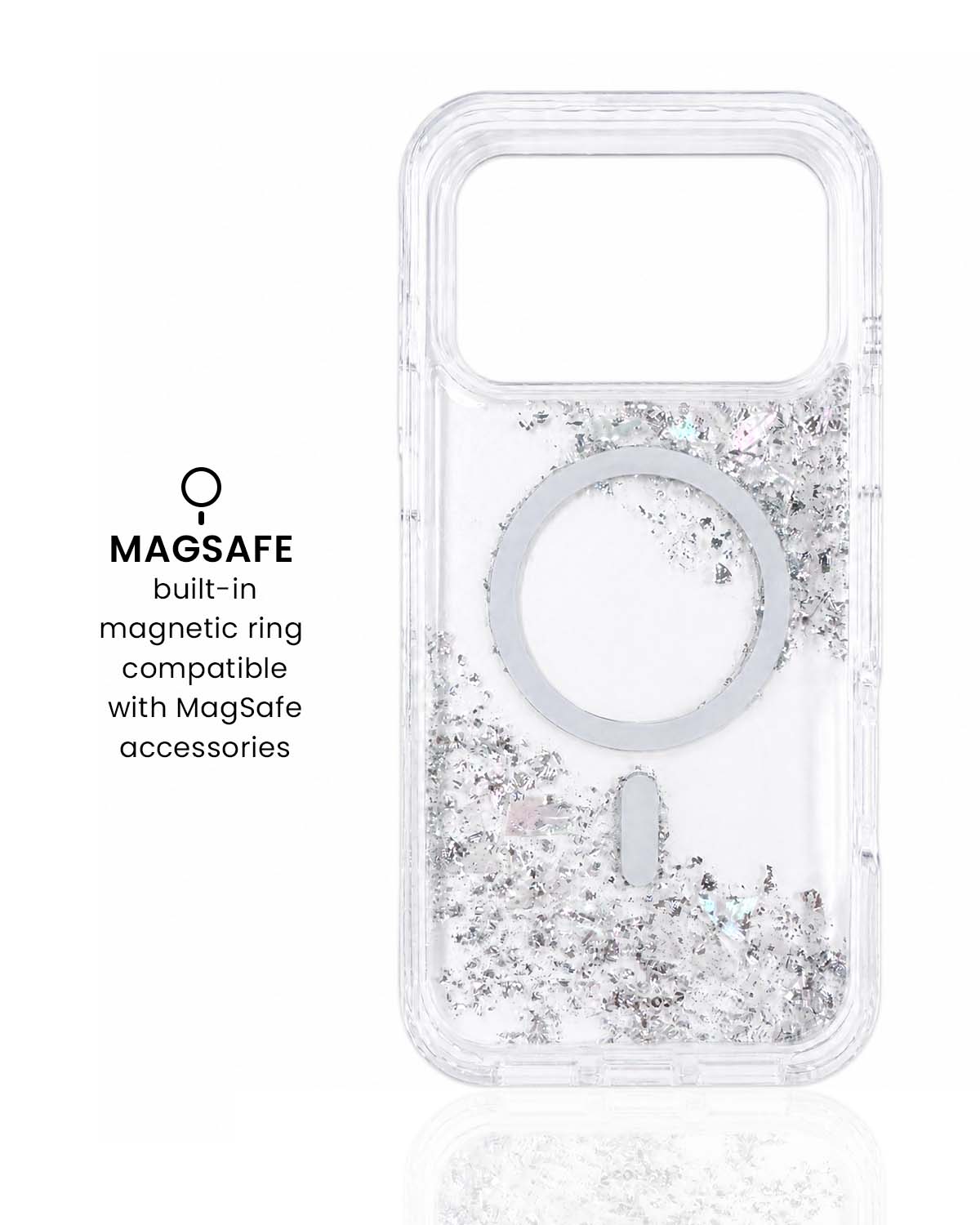 Inside view of clear glitter iPhone case showing MagSafe ring