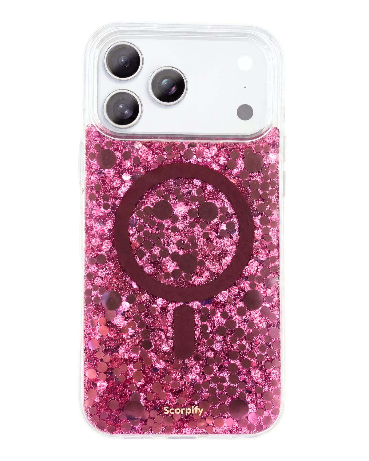 Rose Stardust MagSafe iPhone Case front view with pink gradient and gold dust finish
