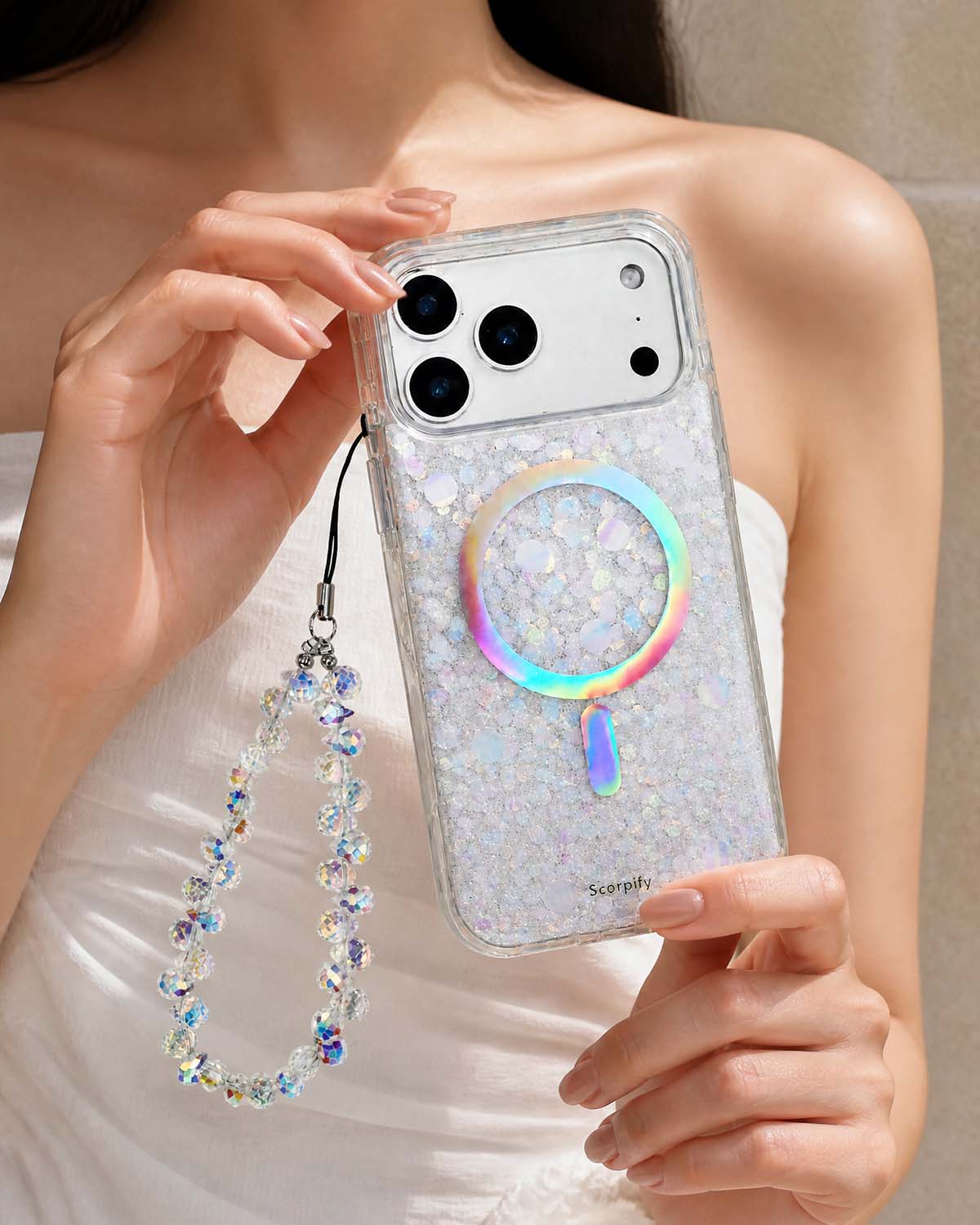 Iridescent iphone charm with glossy bead accents