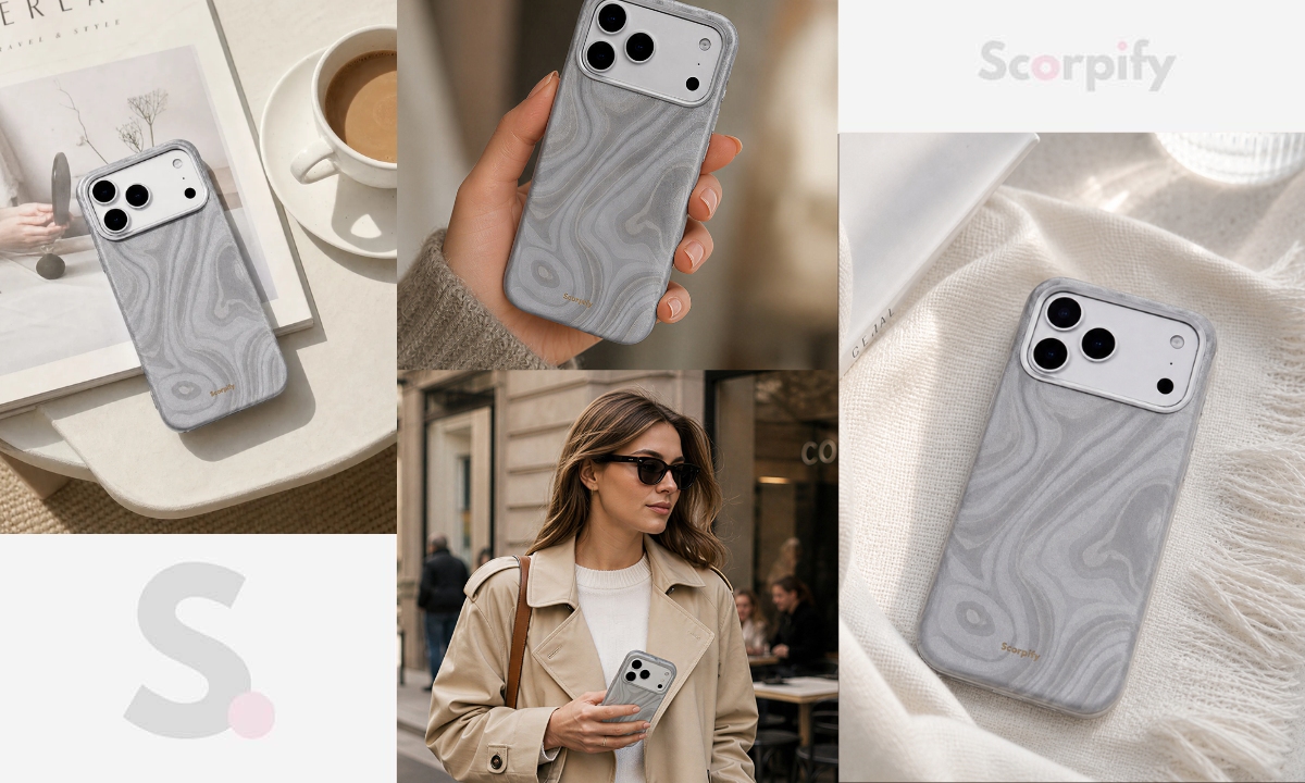 Silver swirl leather iPhone case lifestyle photo collage