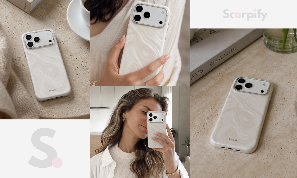 Ivory swirl leather iPhone case lifestyle photo collage