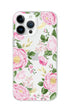 Floral phone case with pink flowers and green leaves on a white background