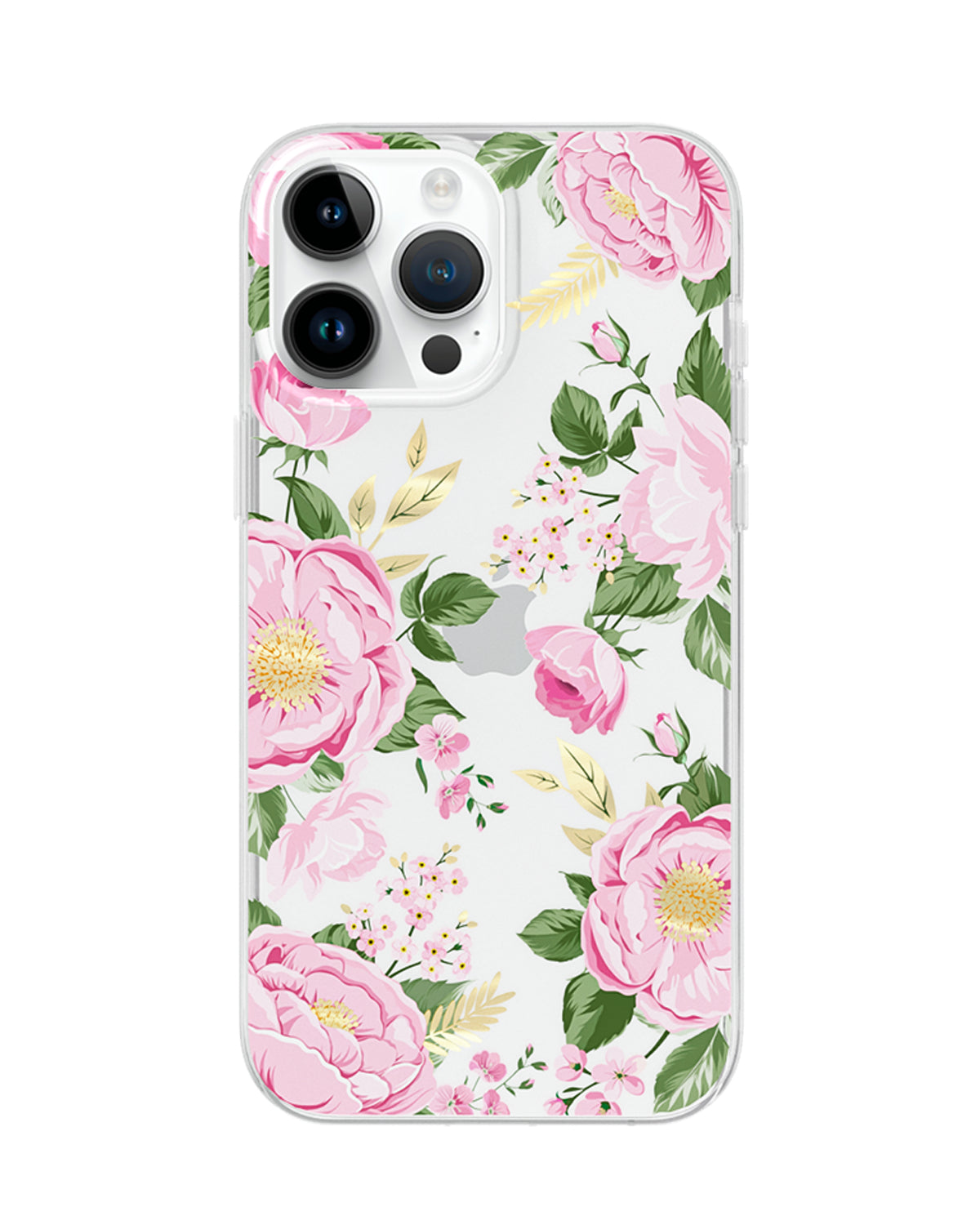 Floral phone case with pink flowers and green leaves on a white background