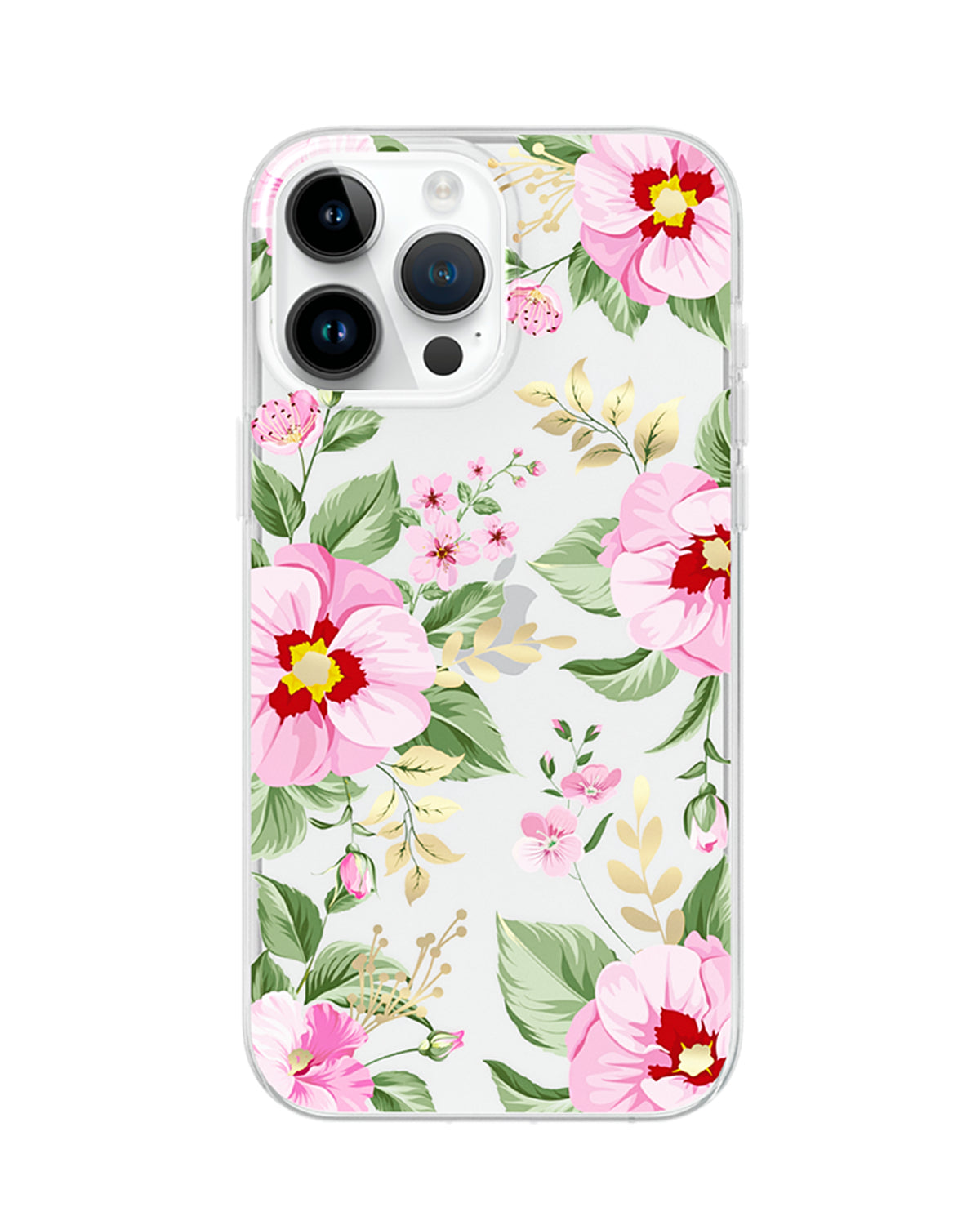 Phone case with pink floral design on a white background