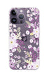Floral phone case with purple and white flowers on a gray background
