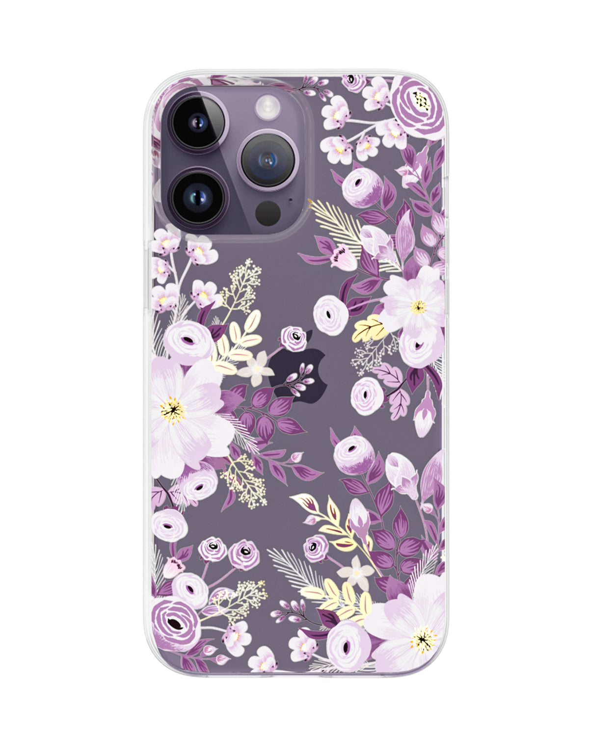 Floral phone case with purple and white flowers on a gray background