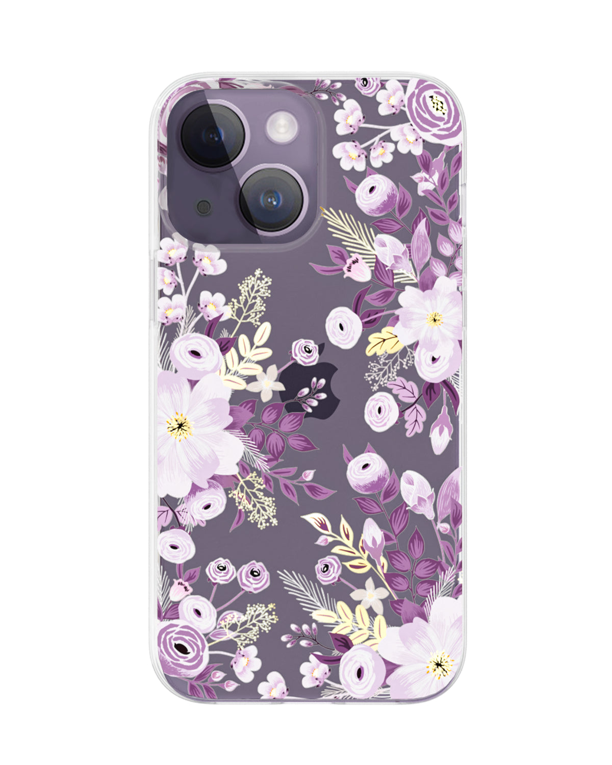 Floral phone case with purple and white flowers on a gray background