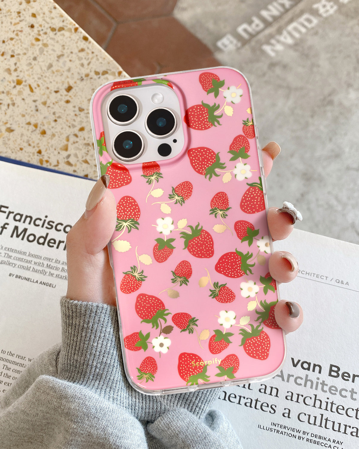 Strawberry pink iPhone case with magnetic fit