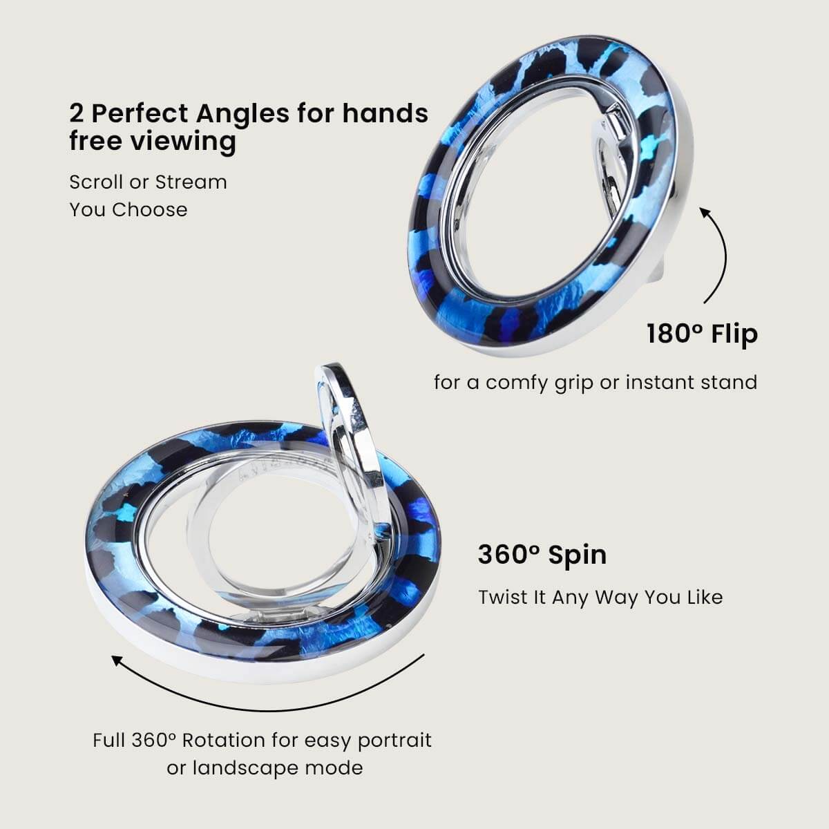 Leopard print magnetic phone ring in deep blue tones