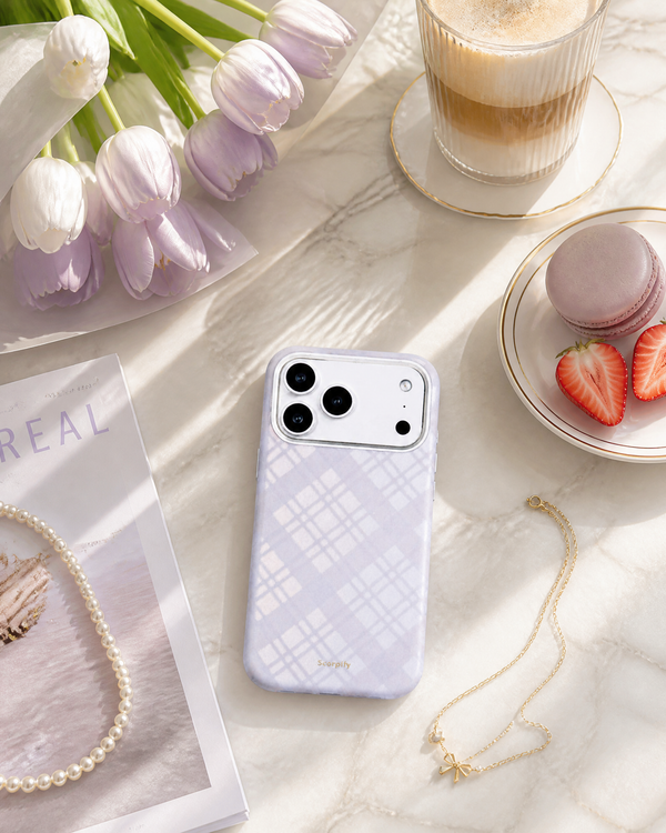 Lavender tartan leather phone case with tulips and coffee