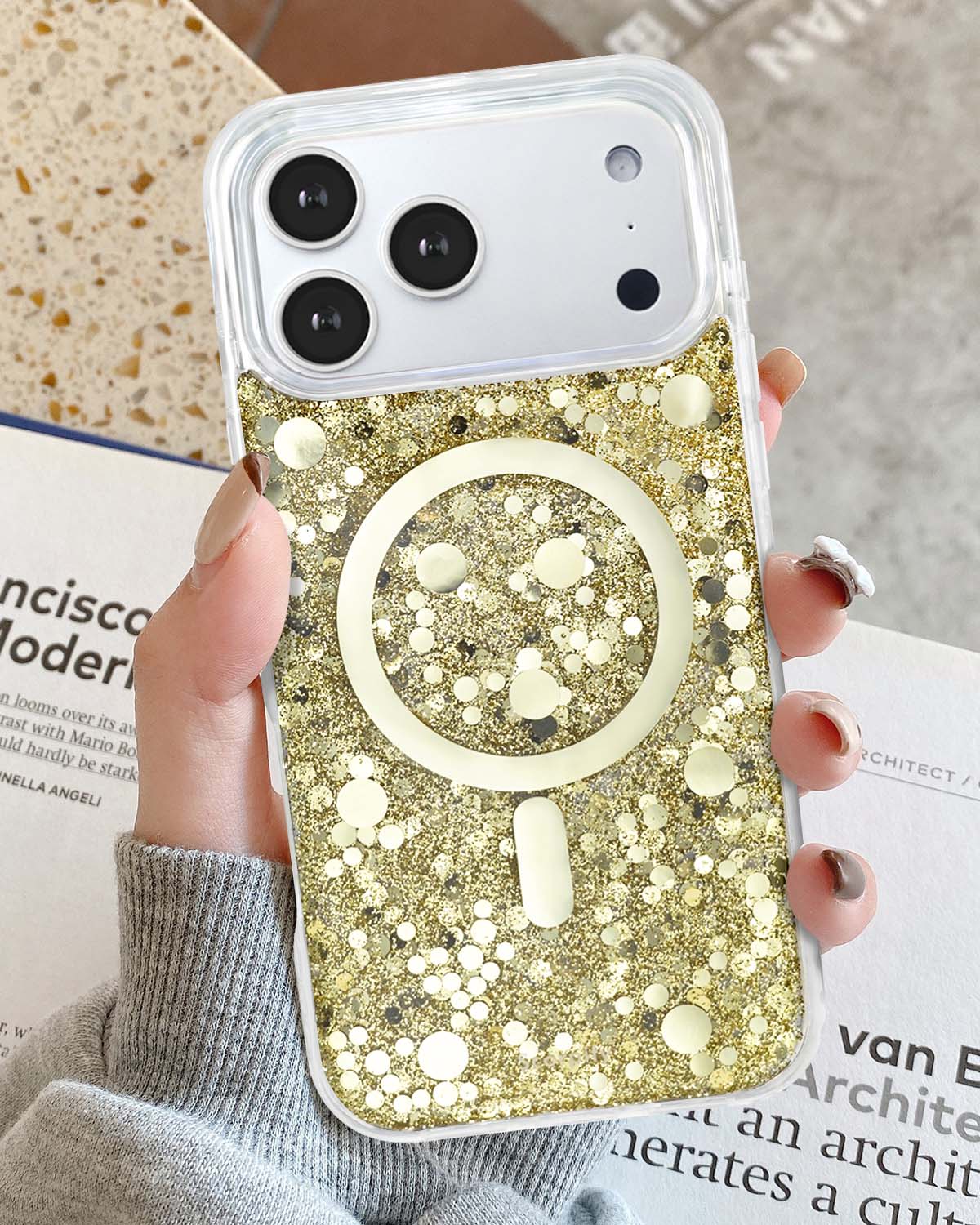Bedazzled phone case with shimmering gold crystal style