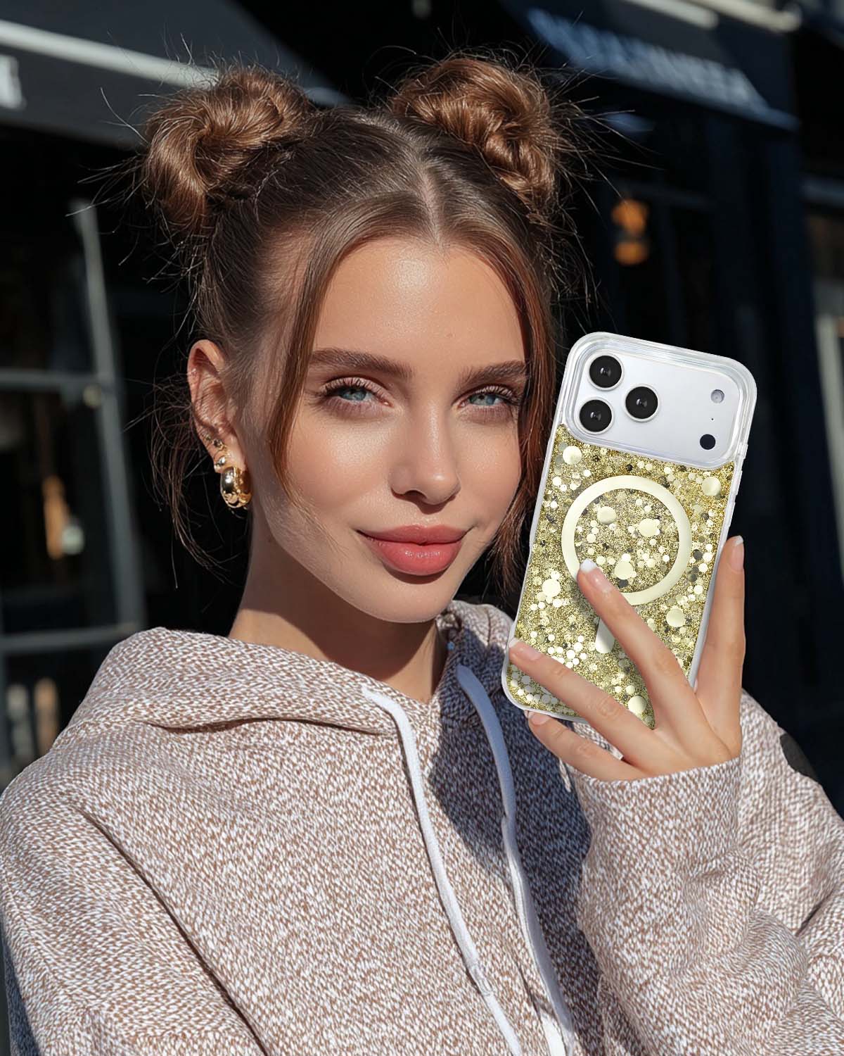 Trendy gold glitter phone case with dazzling texture