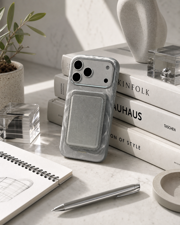 Silver swirl leather phone case with card holder on desk