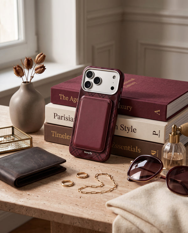 Burgundy tartan leather phone case with card holder, books