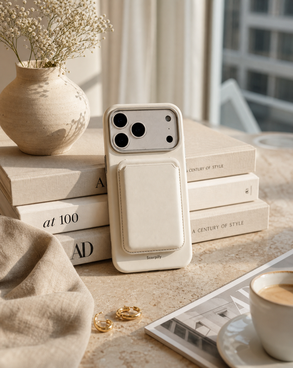 Ivory swirl leather phone case with card holder on books