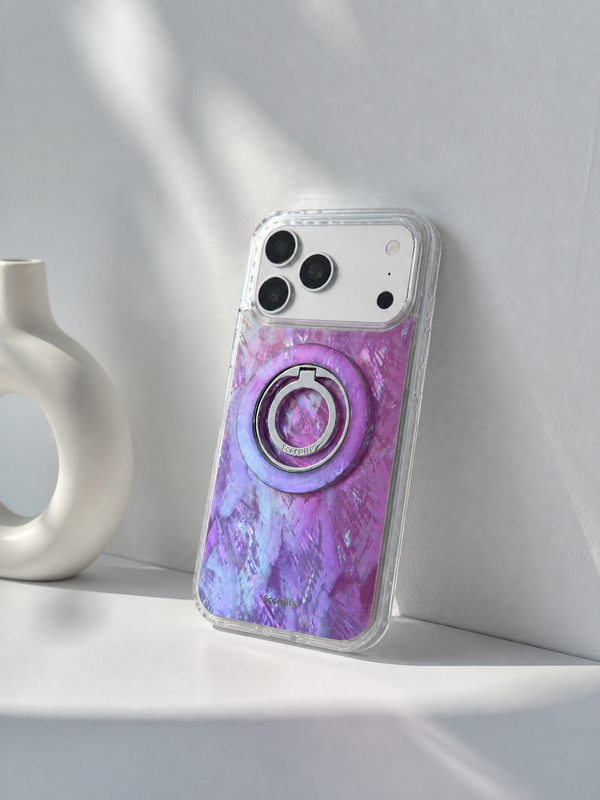 Pink mother of pearl magsafe case with ring holder, styled