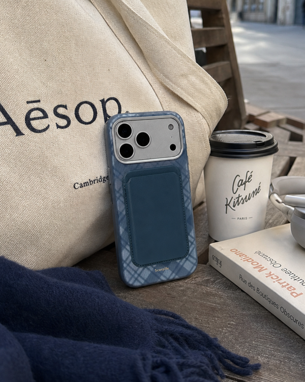 Navy tartan leather phone case with card holder, tote bag