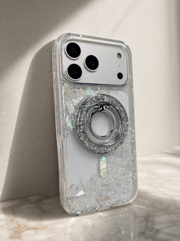 Glitter phone case with shell flakes and MagSafe ring