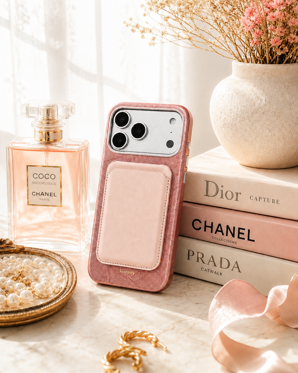 Rose leather phone case with card holder among luxury decor