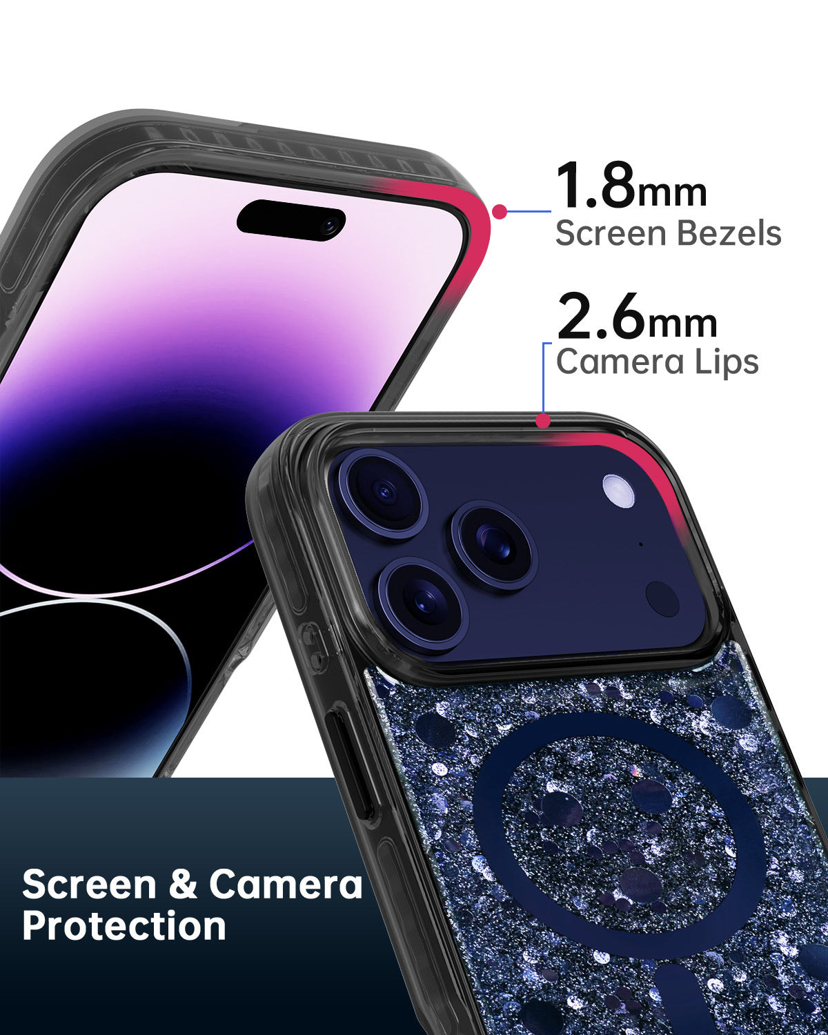 Blue sparkle magnetic phone cover with raised camera lip