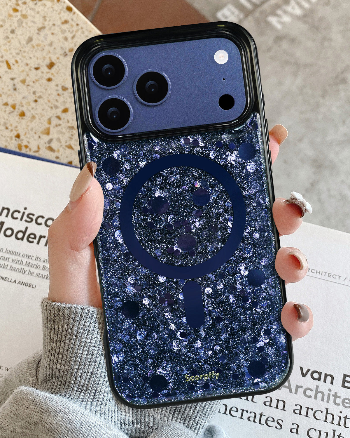 Blue glitter phone accessories with screen bezel