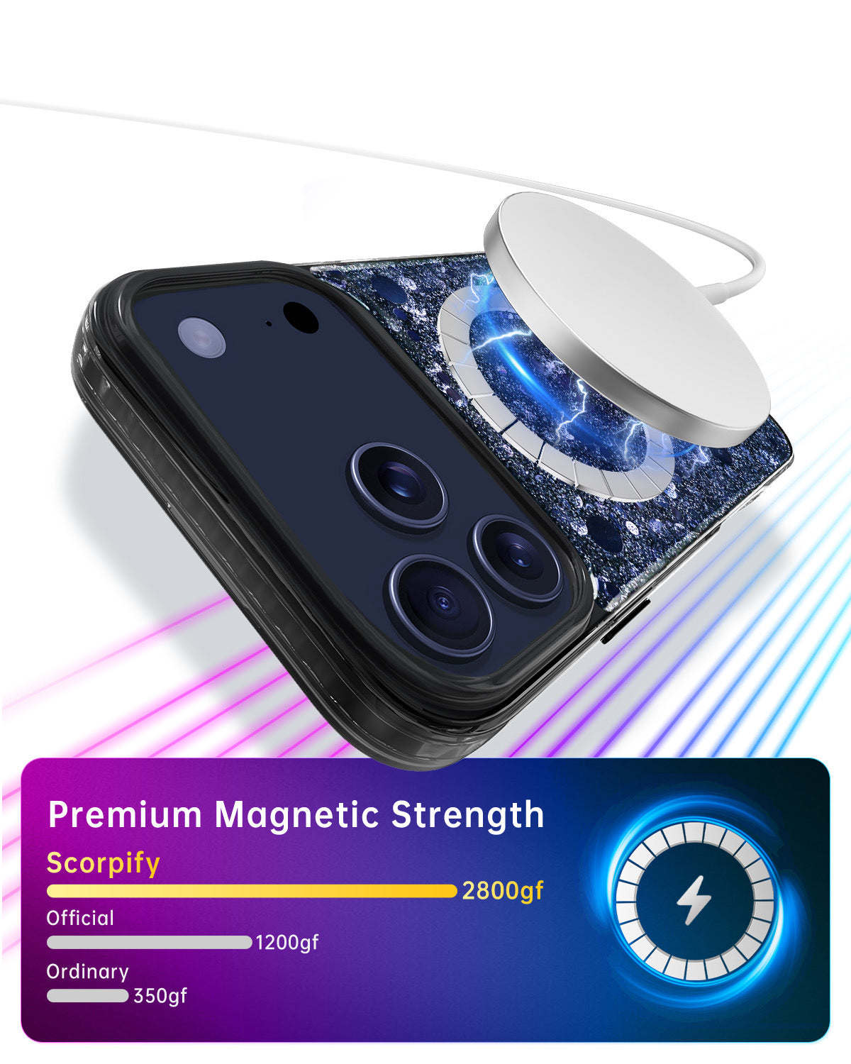 Blue glitter phone case with magnetic MagSafe ring