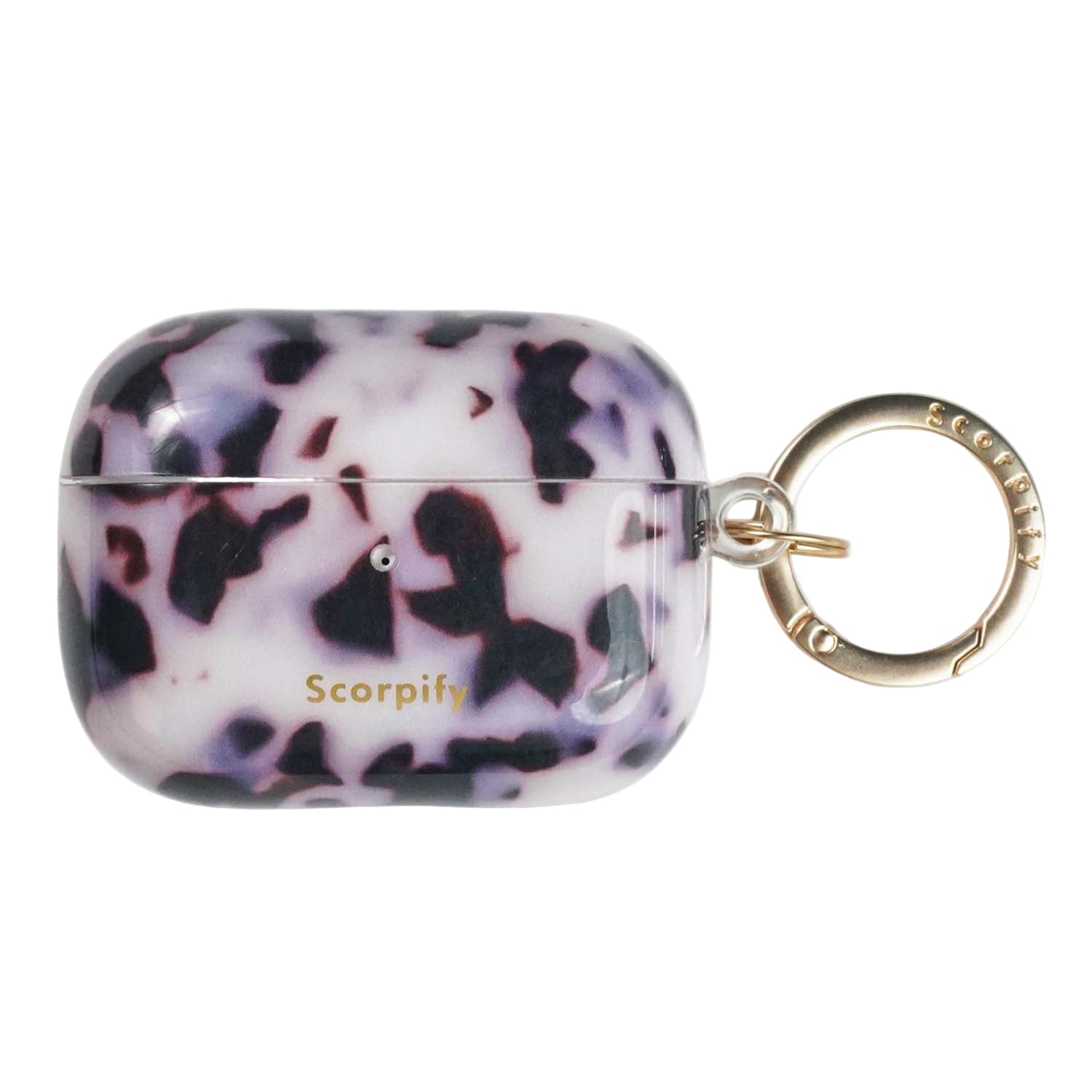 Stylish earbuds case featuring pink tortoise texture