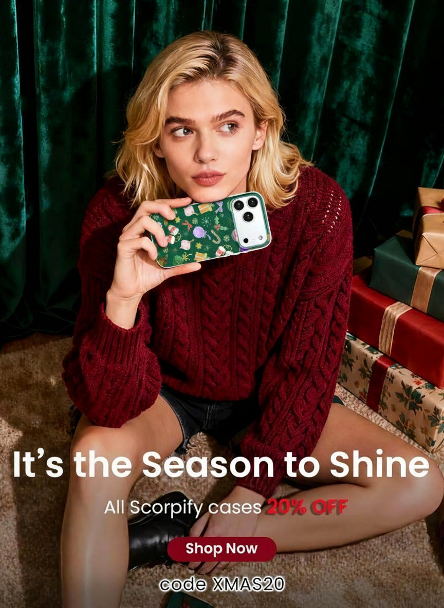 Woman holding a phone with a green case, surrounded by Christmas presents, with promotional text overlay.