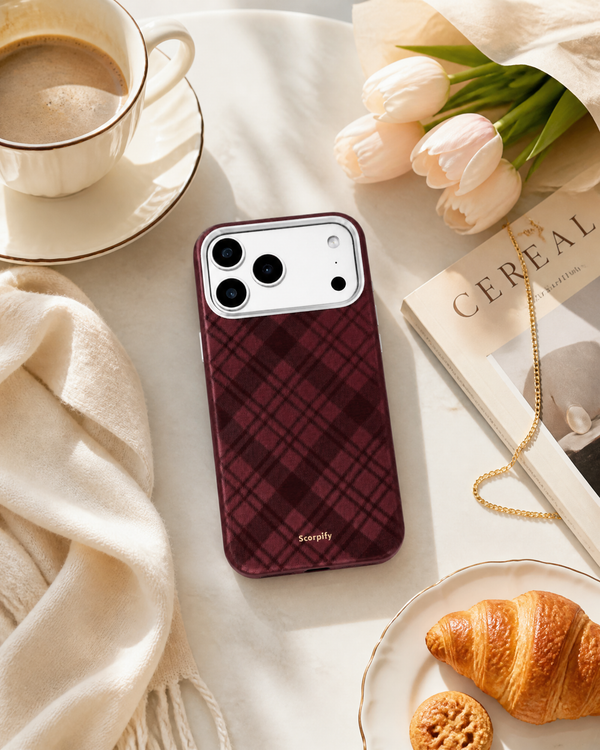 Burgundy tartan leather phone case with coffee and tulips